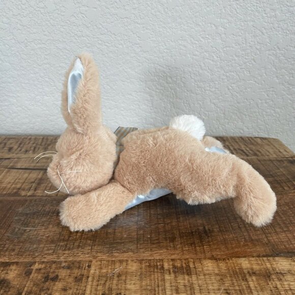 Bearington Baby Tan Bunny Rabbit Blue Satin Tummy Plush Rattle Stuffed Animal - Picture 3 of 8